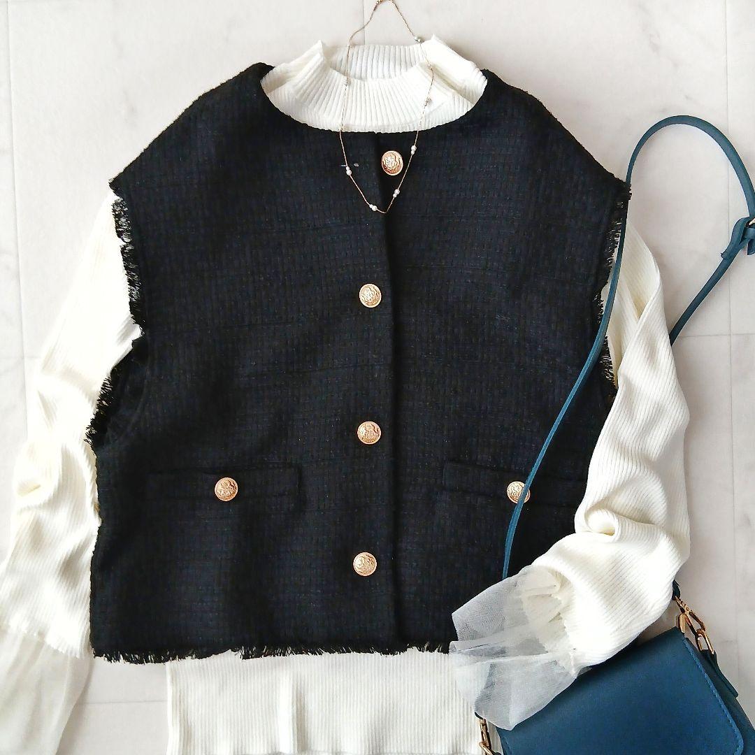 極美品 ガリャルダガランテ 洗える ツイード ショートベスト 金ボタン ブラック