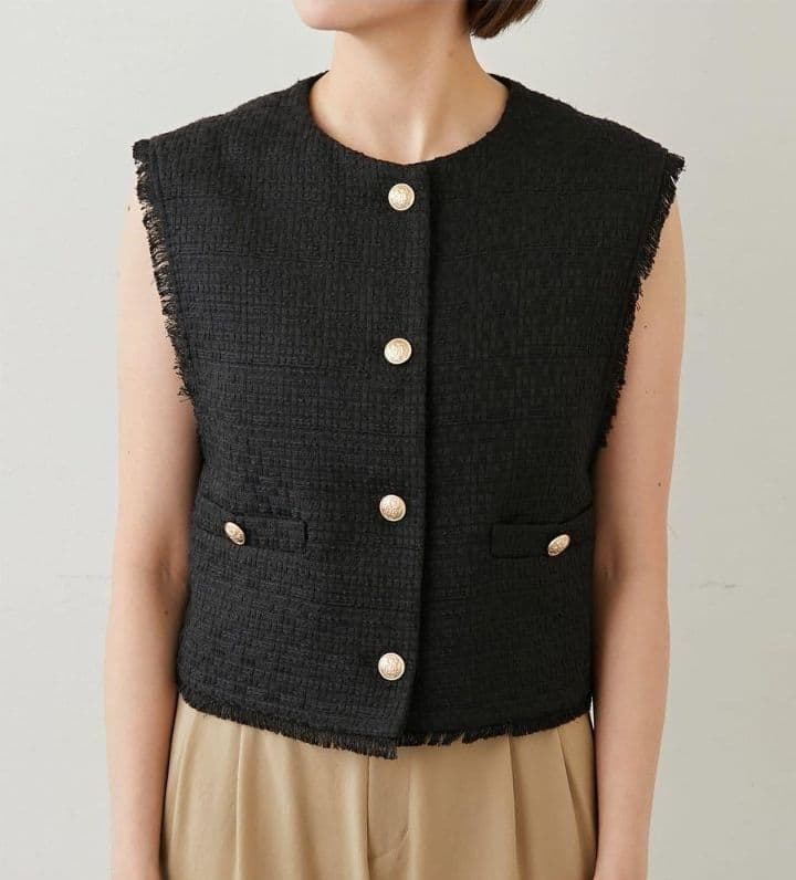 極美品 ガリャルダガランテ 洗える ツイード ショートベスト 金ボタン ブラック