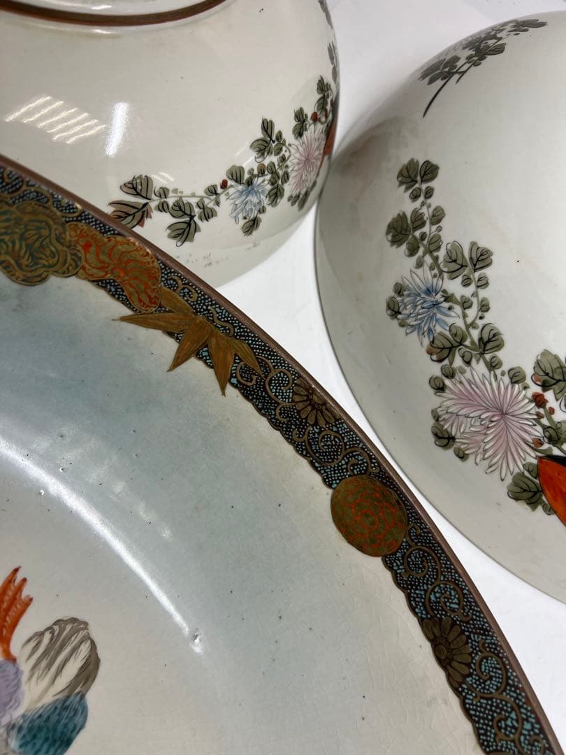 九谷焼　青粒大ミッ鉢　直径33/30/27cm 東K8-0202⑥