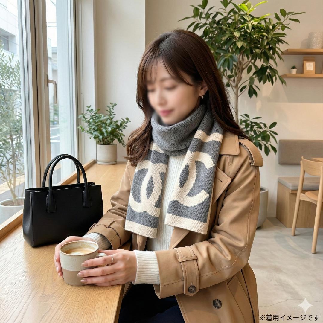 CHANEL シャネル ココマーク ニットマフラー ストール グレー/アイボリー