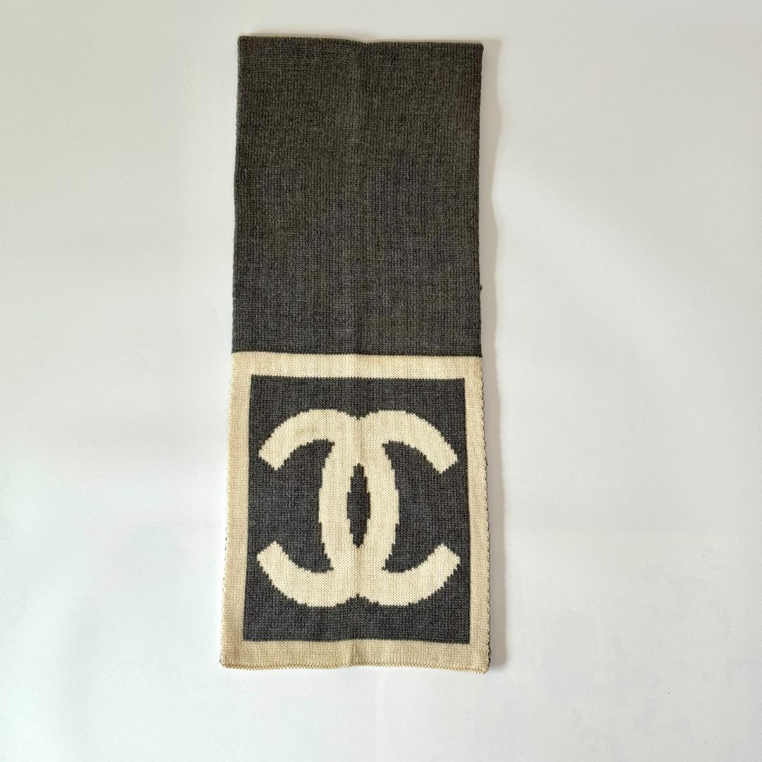 CHANEL シャネル ココマーク ニットマフラー ストール グレー/アイボリー