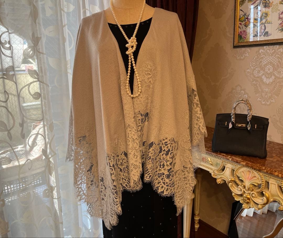 エルマンノシェルビーノ　レースストール　水色　ブルーグレー　カシミア混