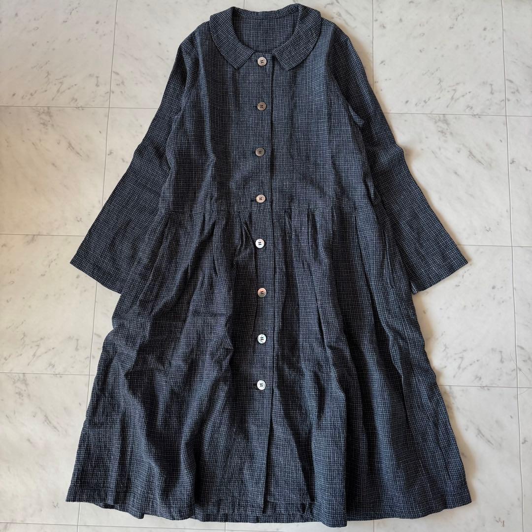 ネストローブ　洗える　リネン100 　長袖ロングシャツワンピース　襟付き