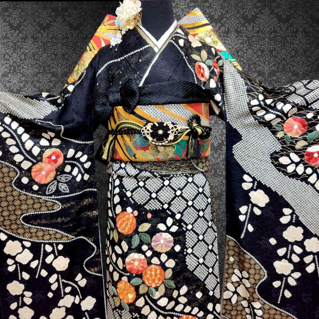 振袖フルセット(8点)・成人式・絞り・手絞り・辻ヶ花・鈴乃屋扱・金駒刺繍・金彩