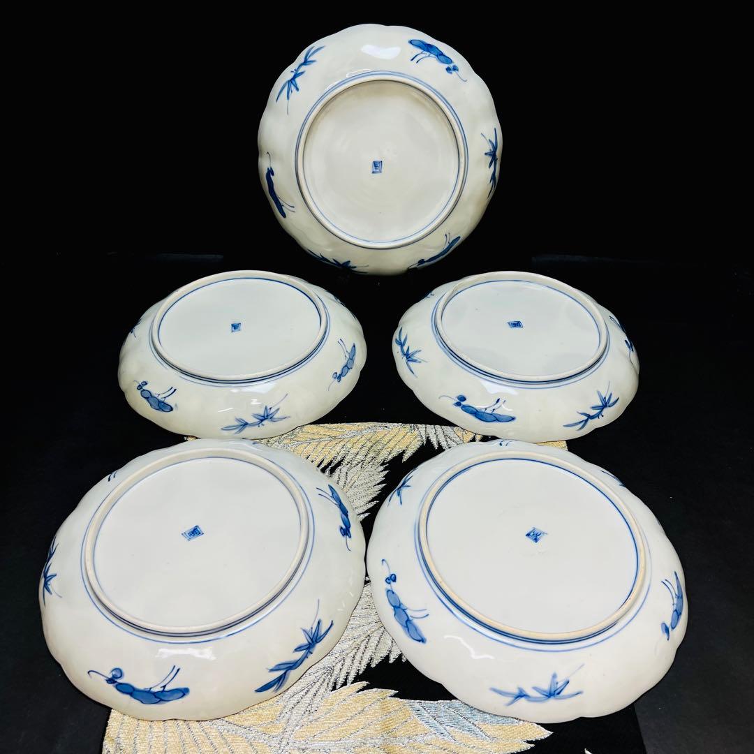 有田焼　古伊万里　染付金彩地文　手描き　大皿　5客　江戸後期