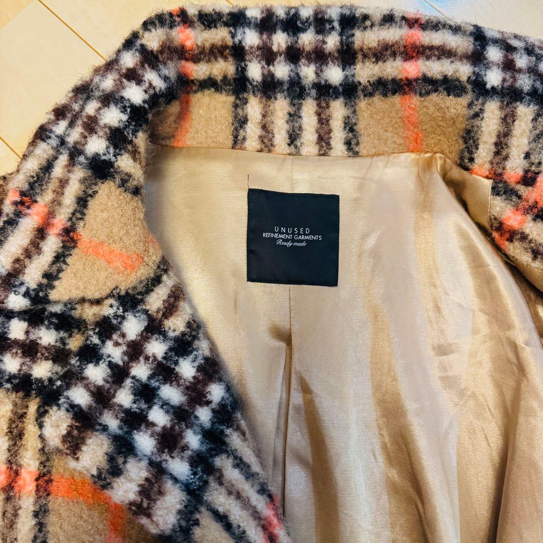 UNUSED ベージュ×黒×オレンジチェック ロングコート Lサイズ