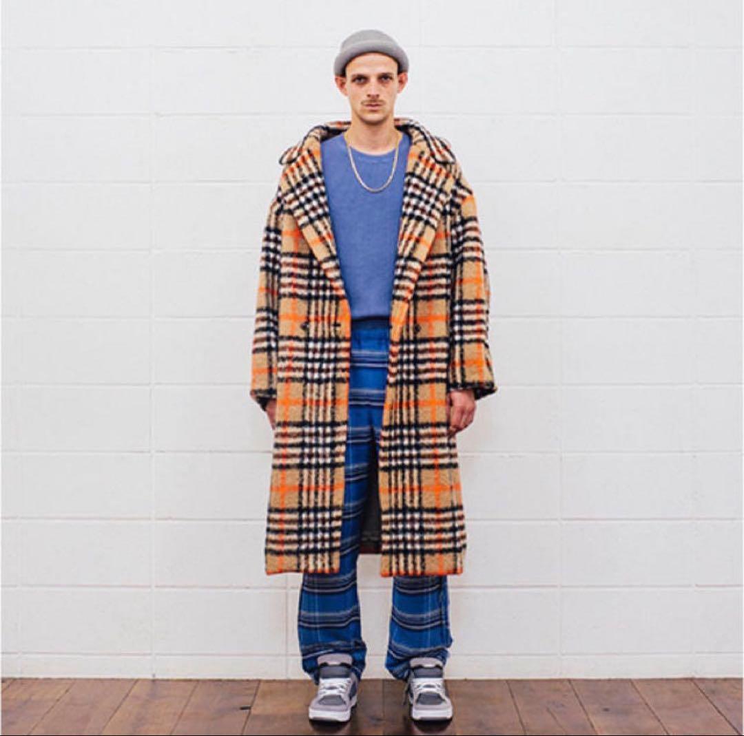 UNUSED ベージュ×黒×オレンジチェック ロングコート Lサイズ