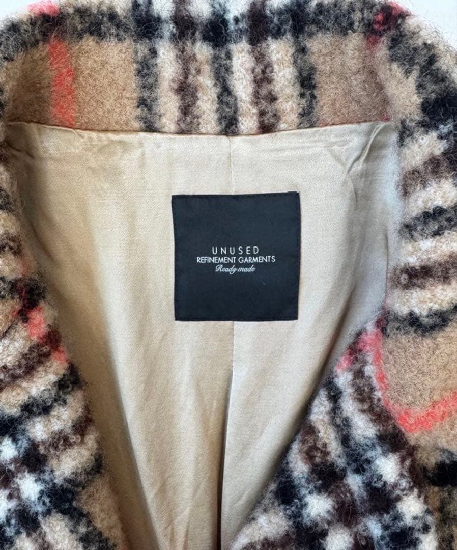 UNUSED ベージュ×黒×オレンジチェック ロングコート Lサイズ