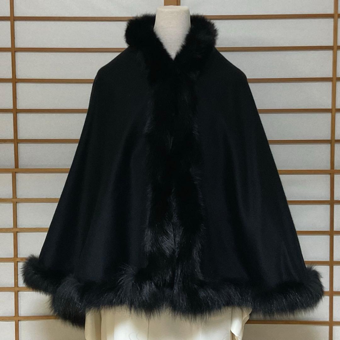 リアルファーケープ 黒 カシミヤ