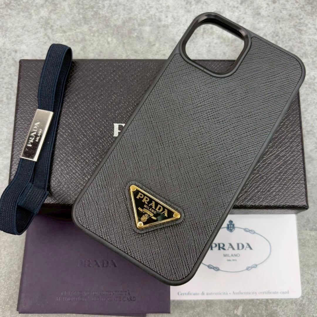 未使用級 プラダ iPhone13 ケース カバー サフィアーノ 三角ロゴ 黒