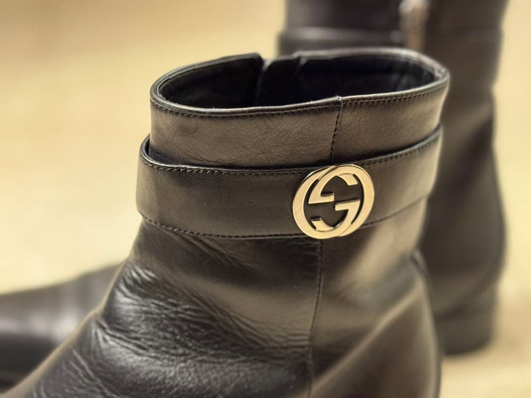 27cm GUCCI グッチ ブラックレザーブーツ メンズ イタリア製