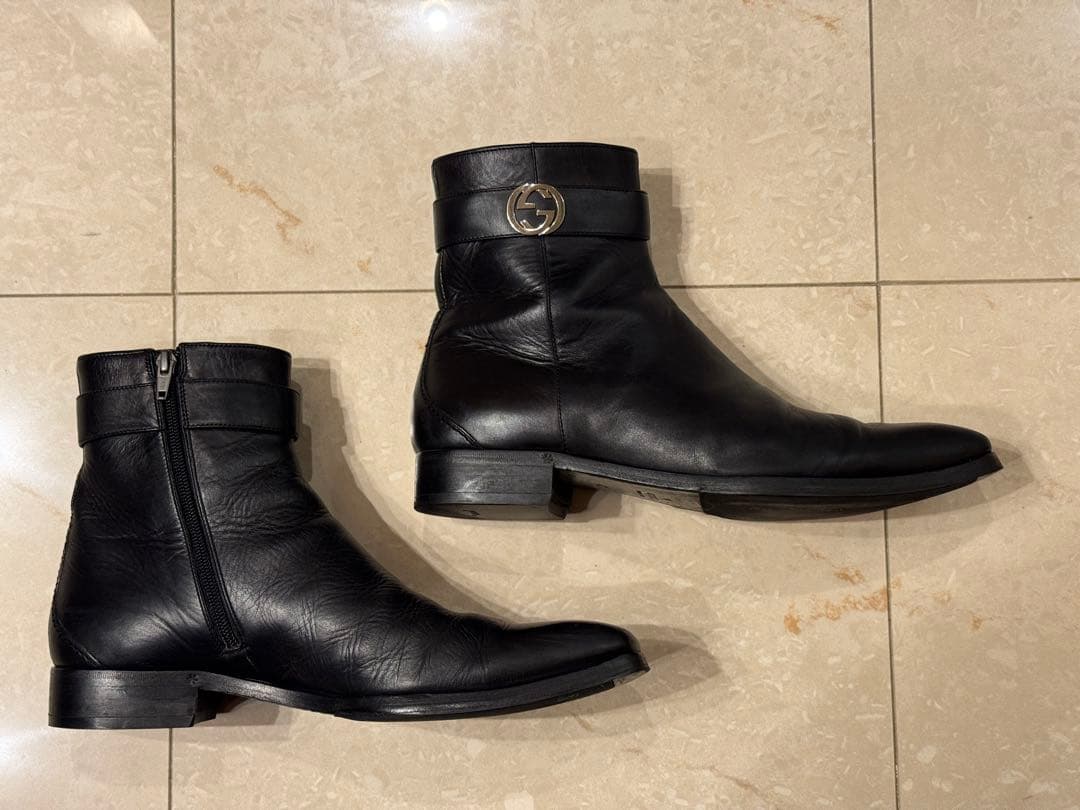 27cm GUCCI グッチ ブラックレザーブーツ メンズ イタリア製