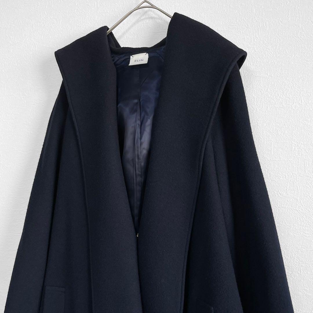 【エリン】ELIN✨美品✨フディーコート　ケープコート　ネイビー　ウール100%