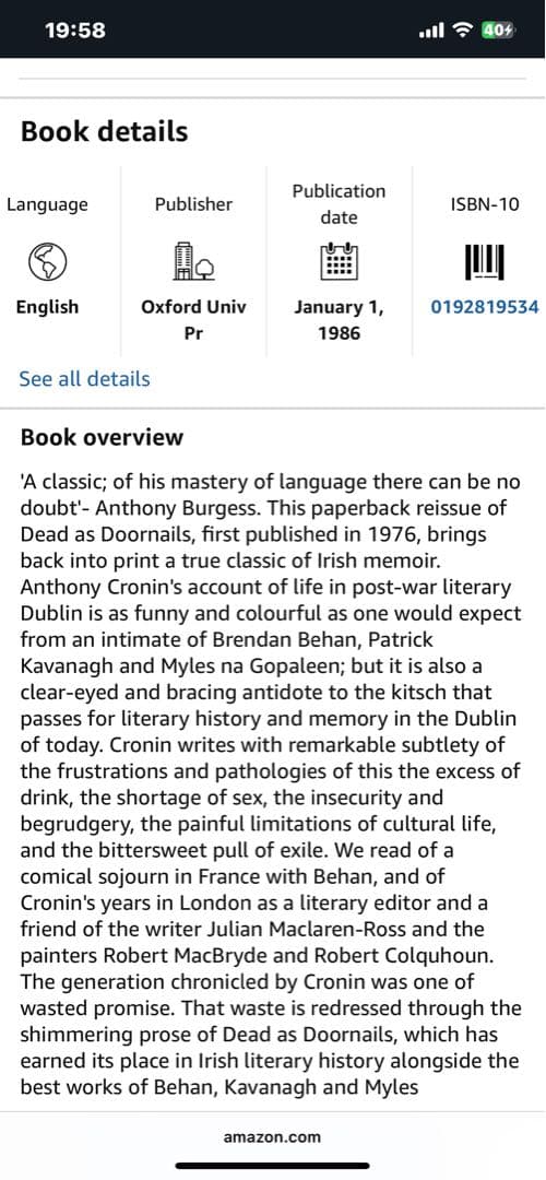 希少　DEAD AS DOORNAILS Anthony Cronin