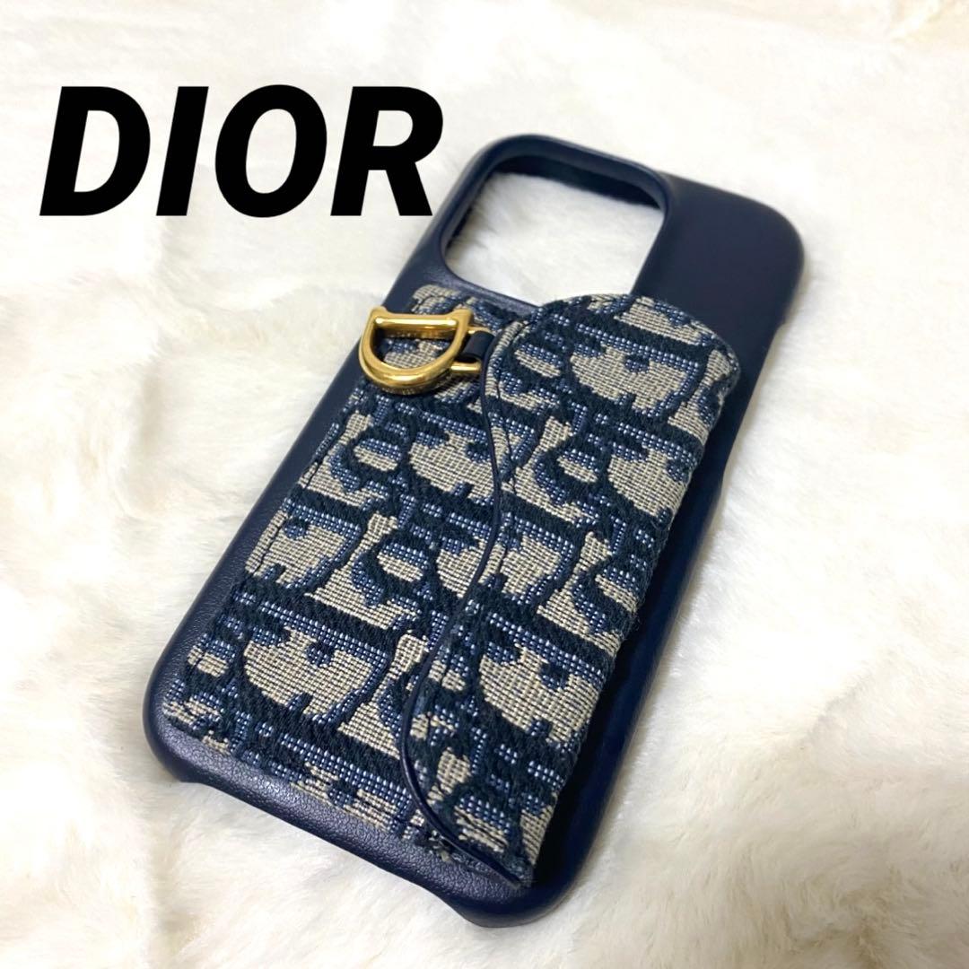 美品 Dior ディオール トロッター柄 iPhoneケース ネイビー レザー