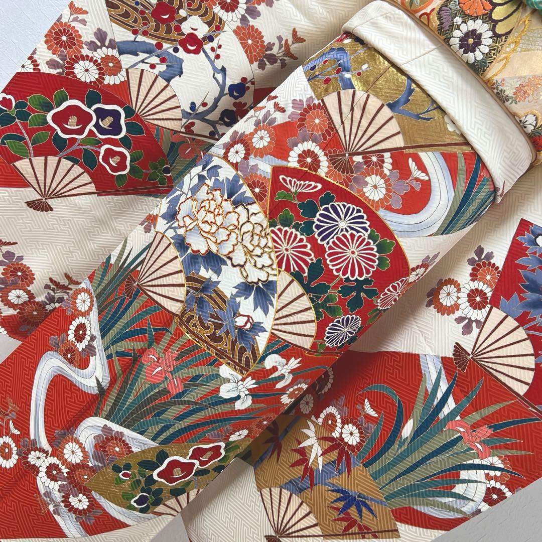 472 振袖フルセット 正絹 クリーム オフホワイト 赤 金彩 駒刺繍