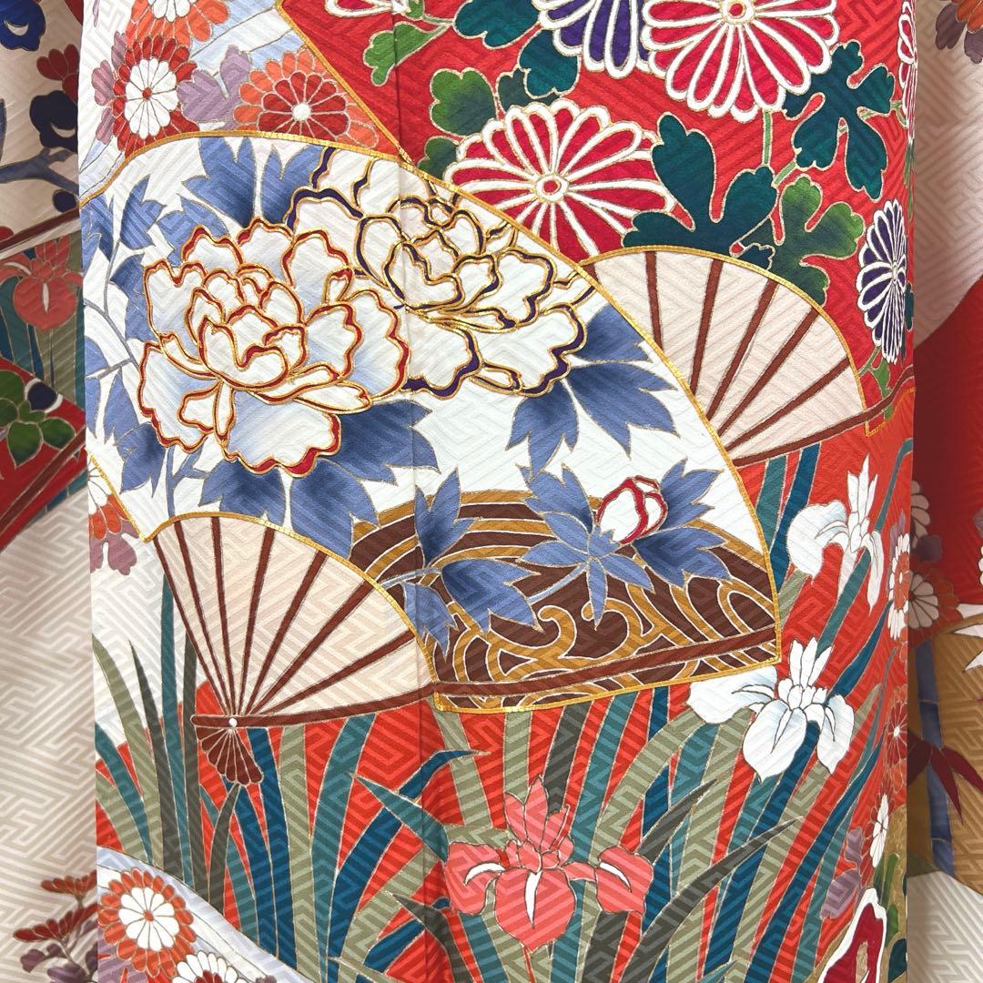 472 振袖フルセット 正絹 クリーム オフホワイト 赤 金彩 駒刺繍