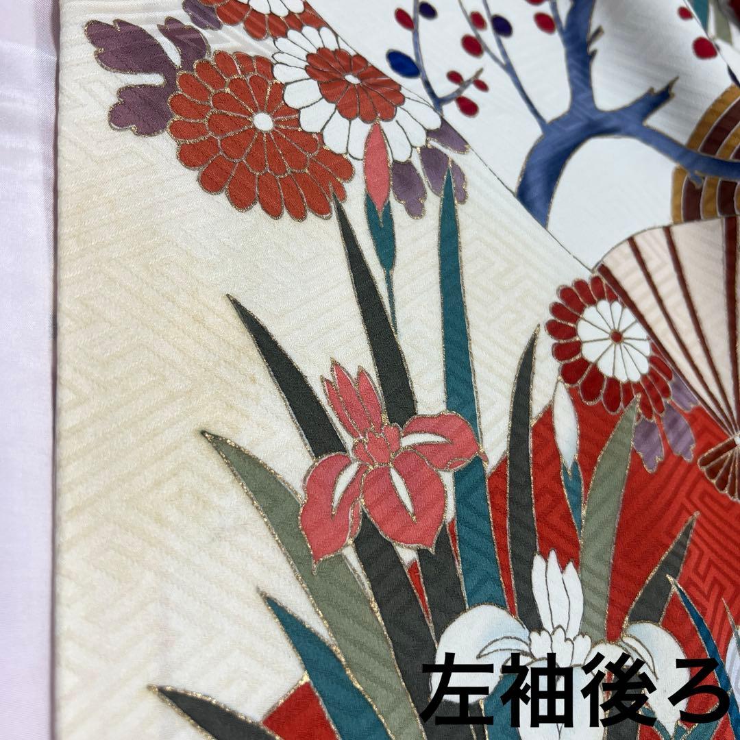 472 振袖フルセット 正絹 クリーム オフホワイト 赤 金彩 駒刺繍