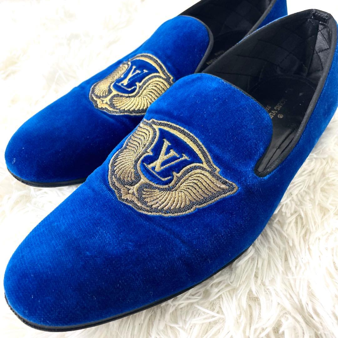 ルイヴィトン　オペラシューズ　25.5cm ロゴ刺繍　 メンズ　ブルー　ベロア