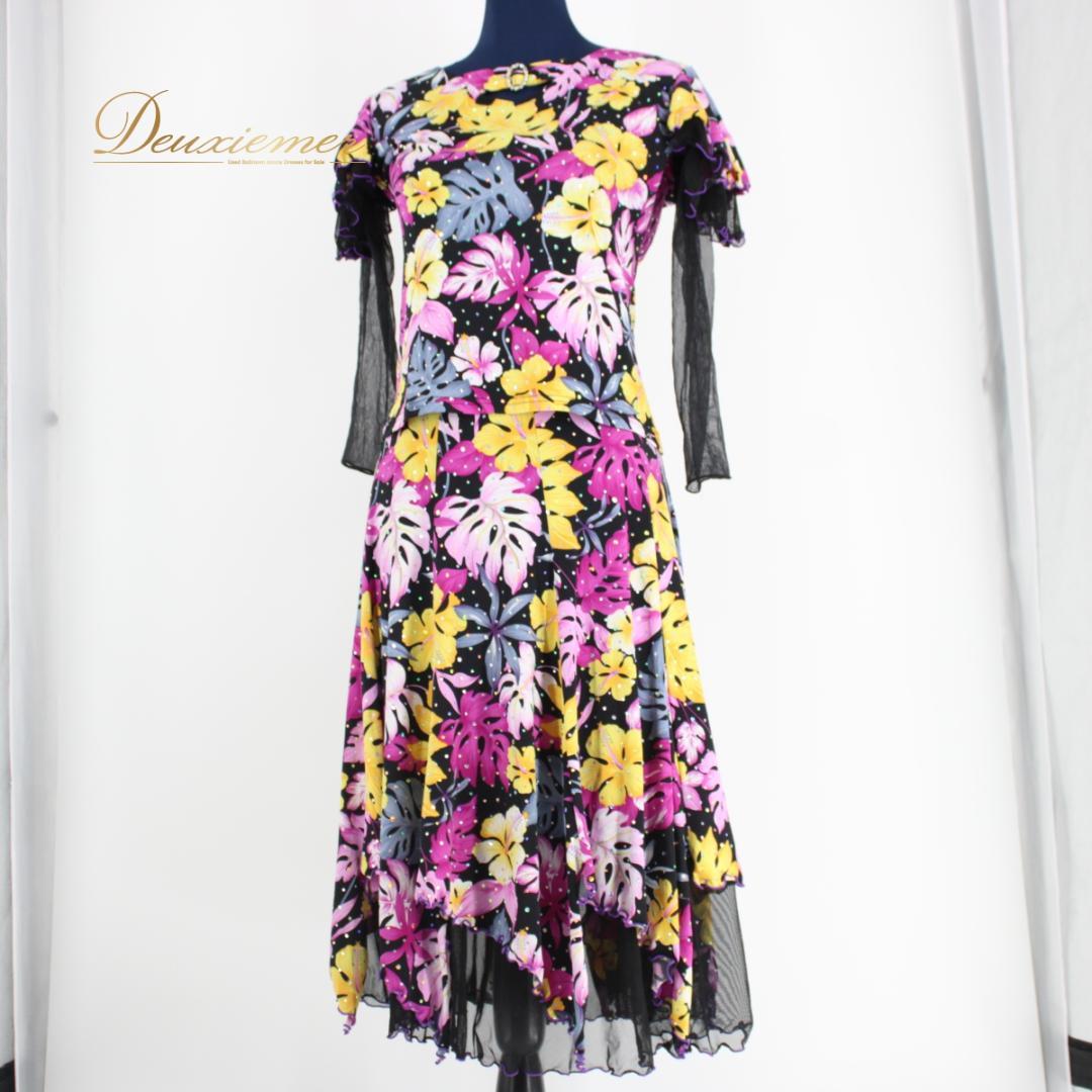 【美品 社交ダンス衣装】上下セット レッスン パーティー 黄色 紫 薄紫 長袖