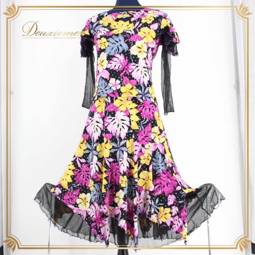 【美品 社交ダンス衣装】上下セット レッスン パーティー 黄色 紫 薄紫 長袖