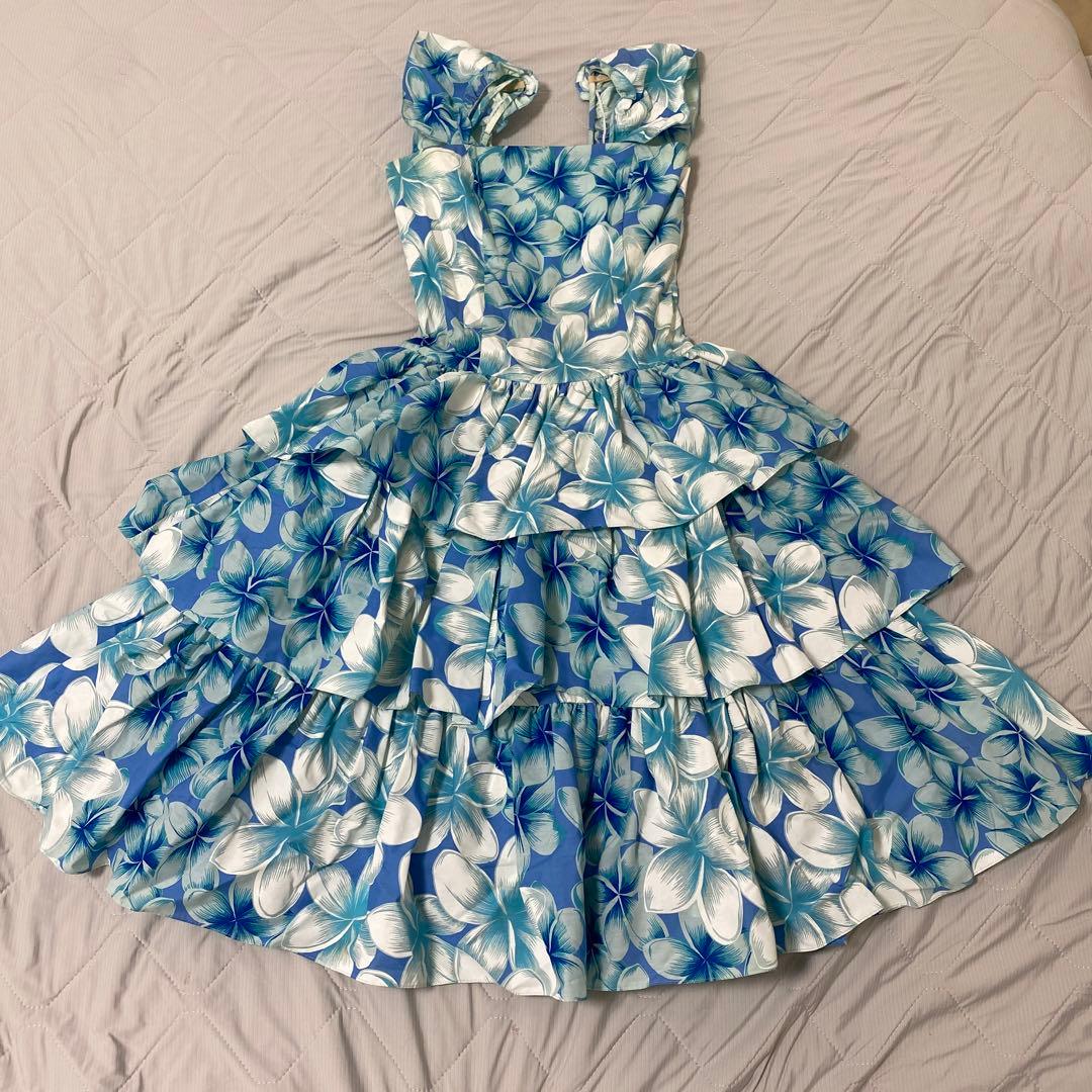 フラダンス衣装　プルメリア柄3段ドレス