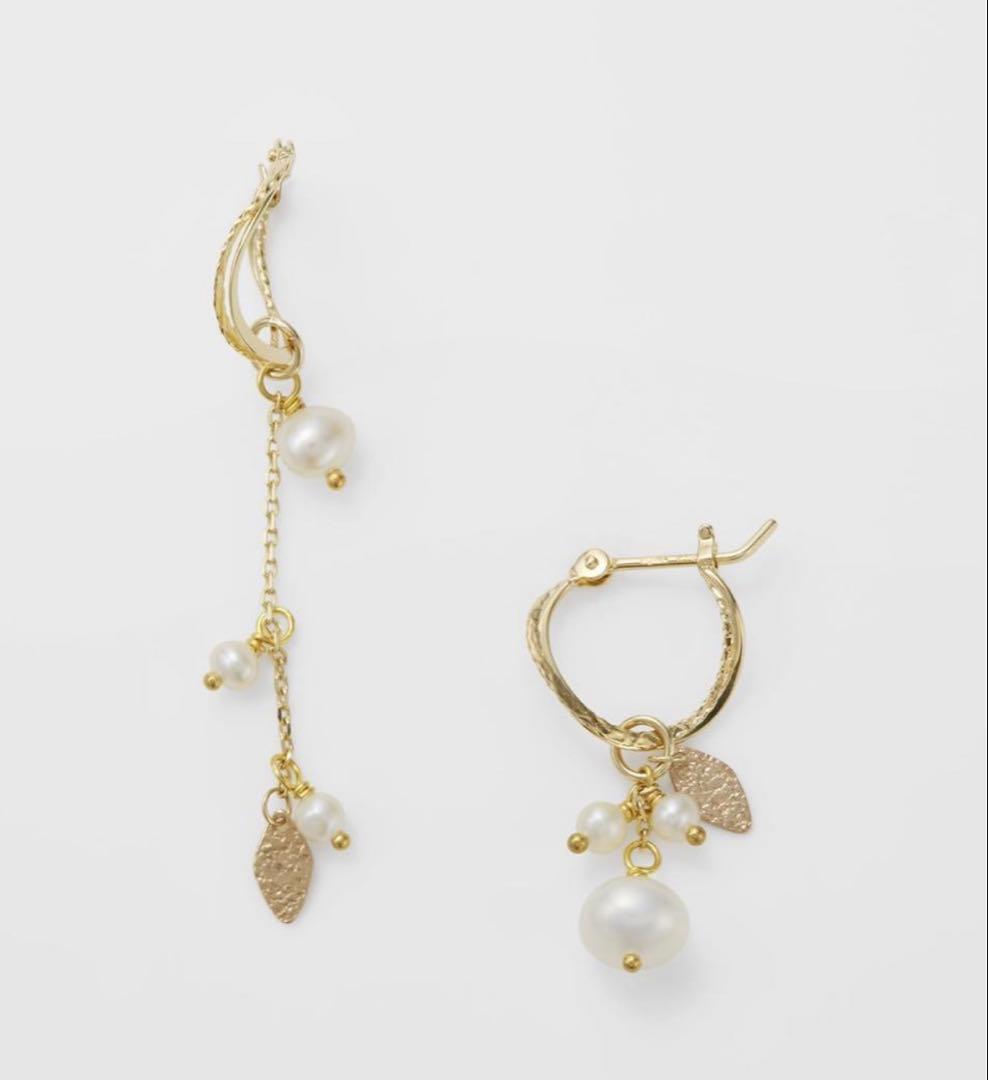 新品未使用　アガット　k10 パールとリーフのピアスチャーム　淡水パールチャーム