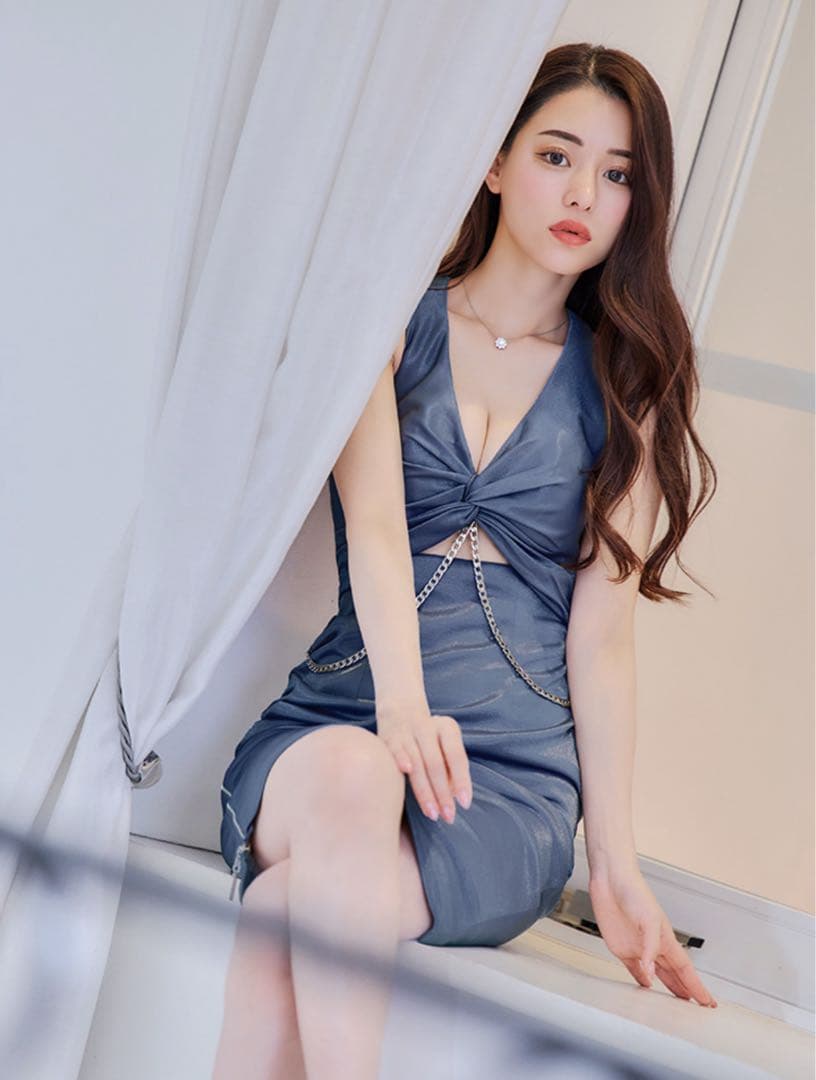 Veautt ブルー カットアウトデザイン タイトドレス XS