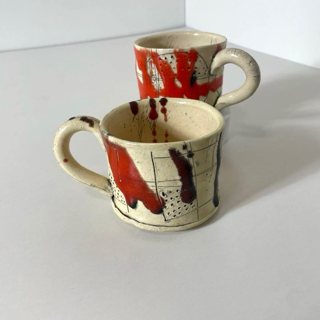 #XG539 陶芸家・山田和・赤釉織部珈琲碗・織部焼・茶碗・酒器・茶道・未使用品