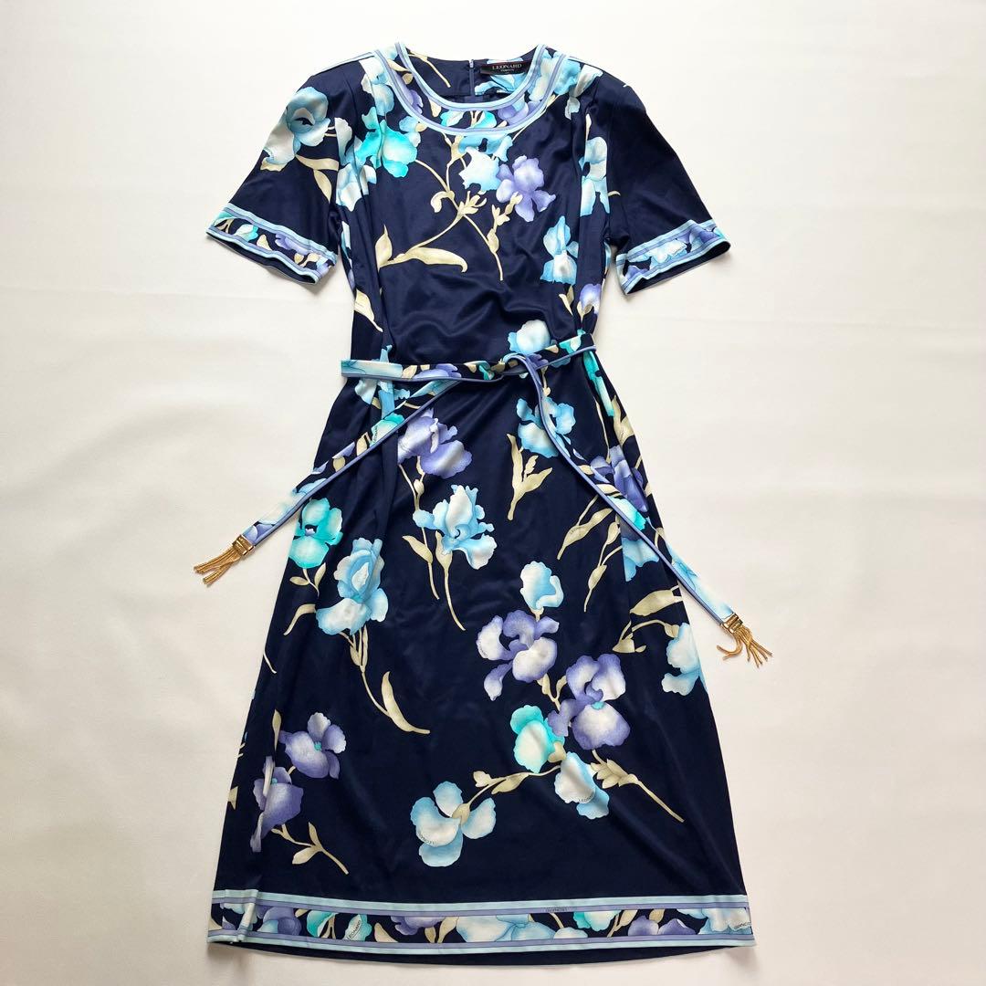 美品 レオナール ストレッチ コットン ワンピース ベルト