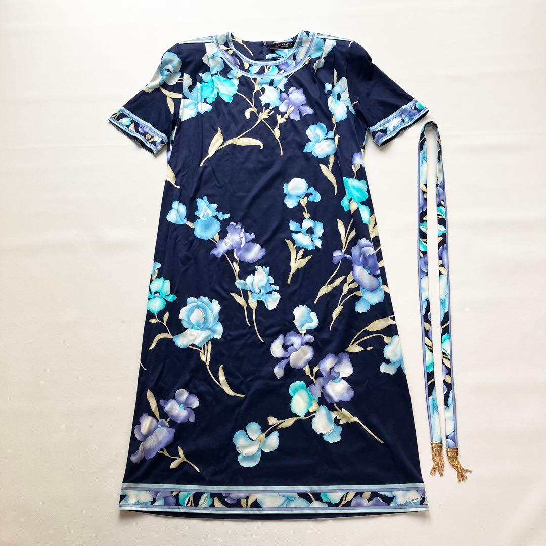 美品 レオナール ストレッチ コットン ワンピース ベルト