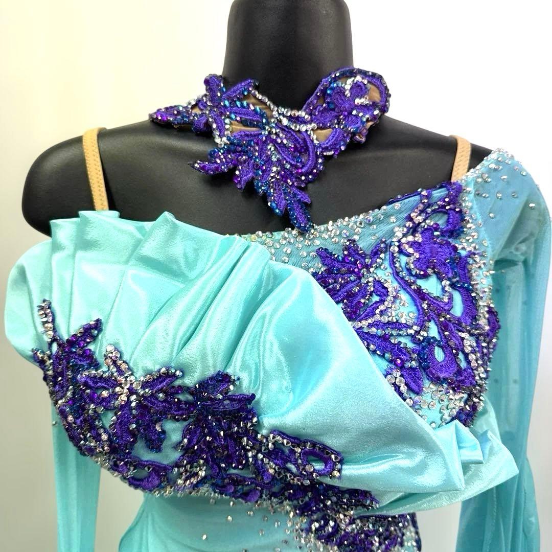 6345★S ミントグリーン スワロ サテン スタンダードドレス 社交ダンス