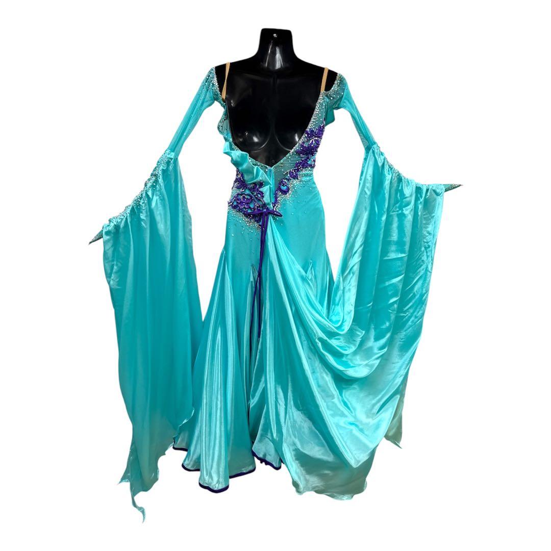 6345★S ミントグリーン スワロ サテン スタンダードドレス 社交ダンス