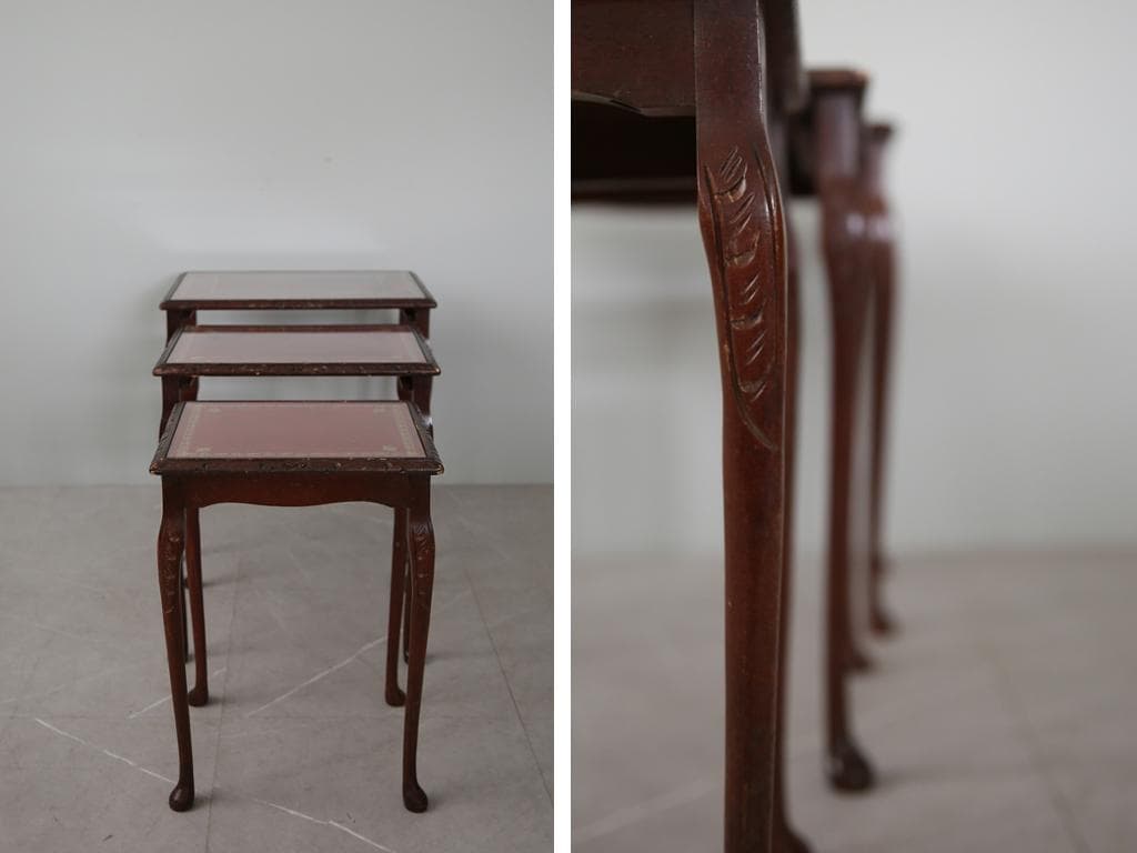 英国アンティーク猫脚ネストテーブル3台/木製机/サイドテーブル(88-83)