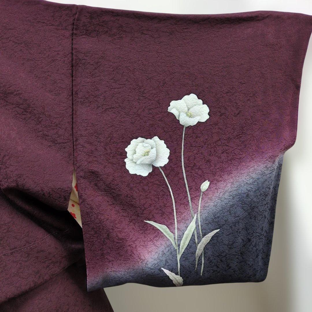 付下げ ワインレッド 花柄刺繍着物とお太鼓柄の帯セット