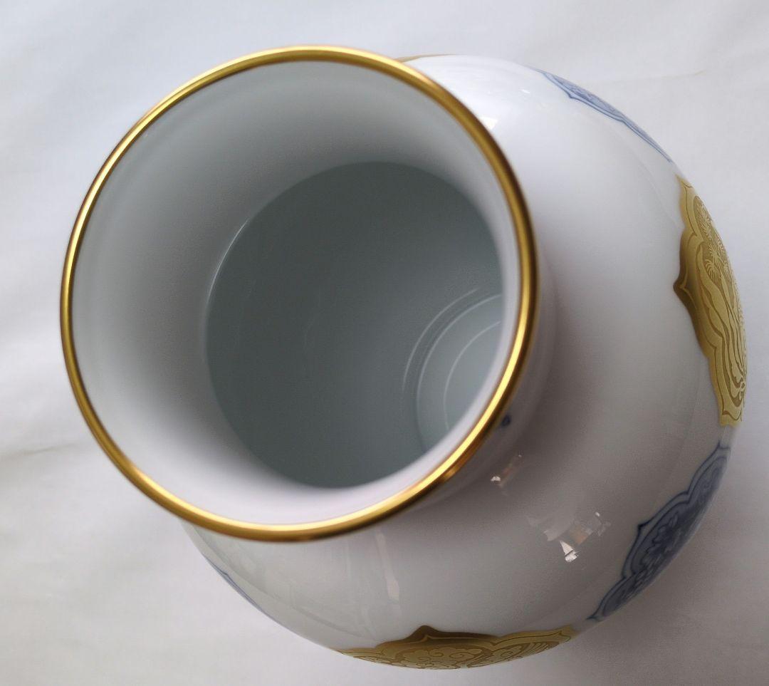 【未使用保管品】大倉陶園 OKURA 金蝕呉須 鶴鯉紋 花瓶 花生　28cm