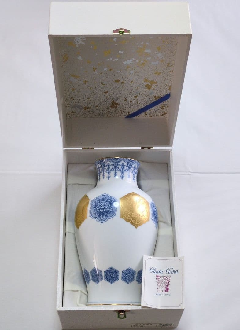 【未使用保管品】大倉陶園 OKURA 金蝕呉須 鶴鯉紋 花瓶 花生　28cm