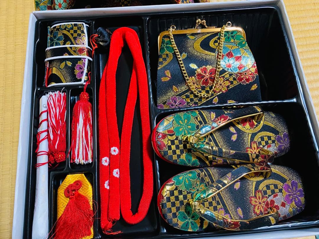 七五三　7歳　作り帯　結び帯　帯　ハコセコセット　黒系　草履　和装バック　超美品