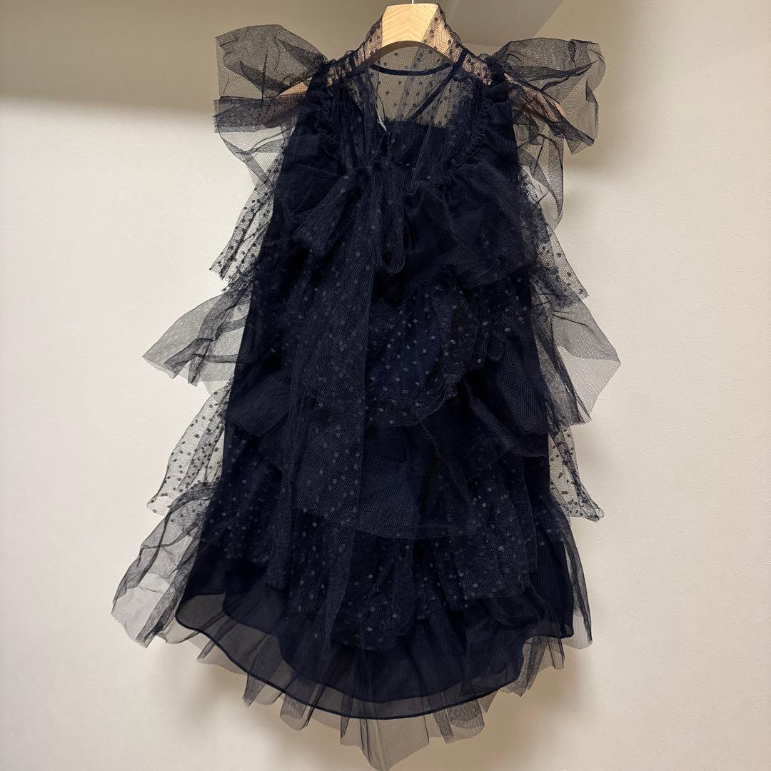 RED VALENTINOブラックドットチュールティアードミニドレス