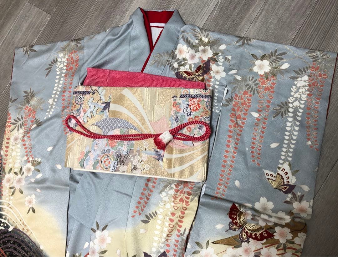 振袖　着物　帯　セット　成人式　水色　蝶　桜　ブルー系　前撮り