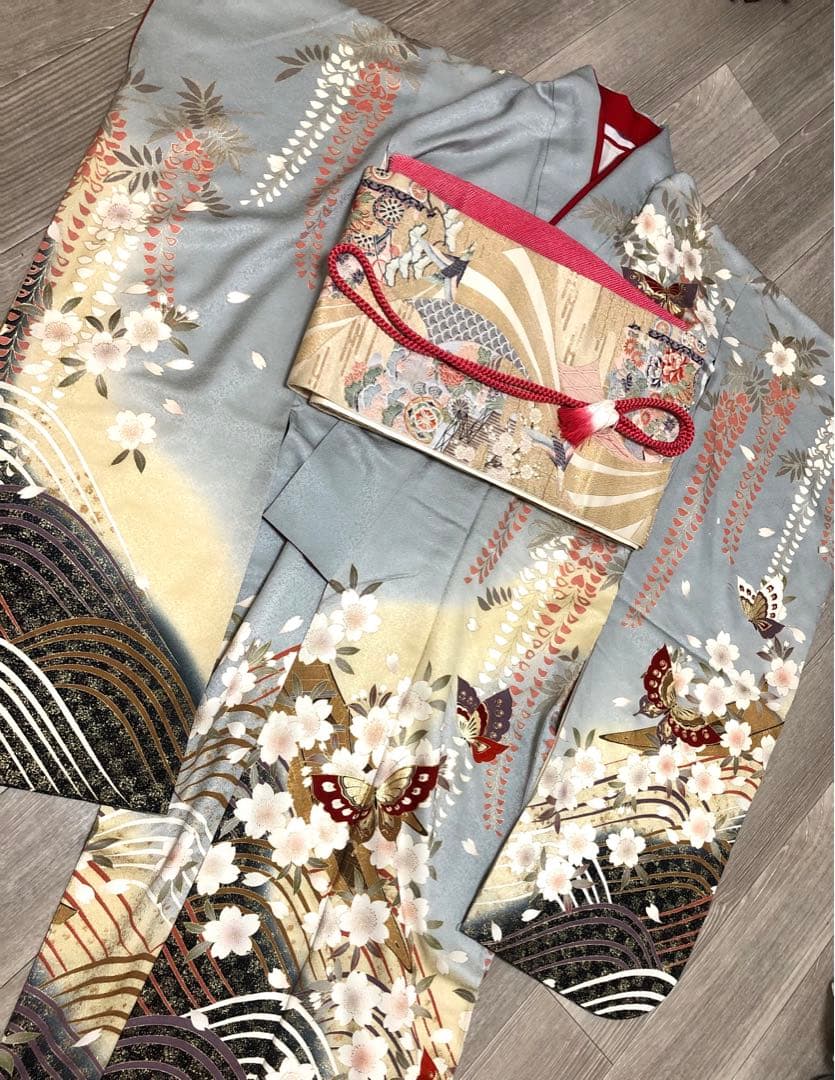 振袖　着物　帯　セット　成人式　水色　蝶　桜　ブルー系　前撮り