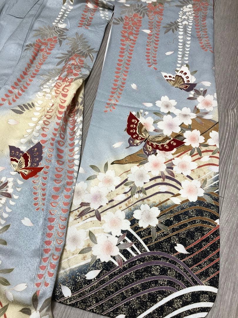 振袖　着物　帯　セット　成人式　水色　蝶　桜　ブルー系　前撮り