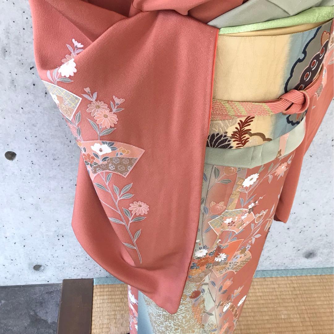 【染め分け】正絹　訪問着　扇に花橘　金箔　袷