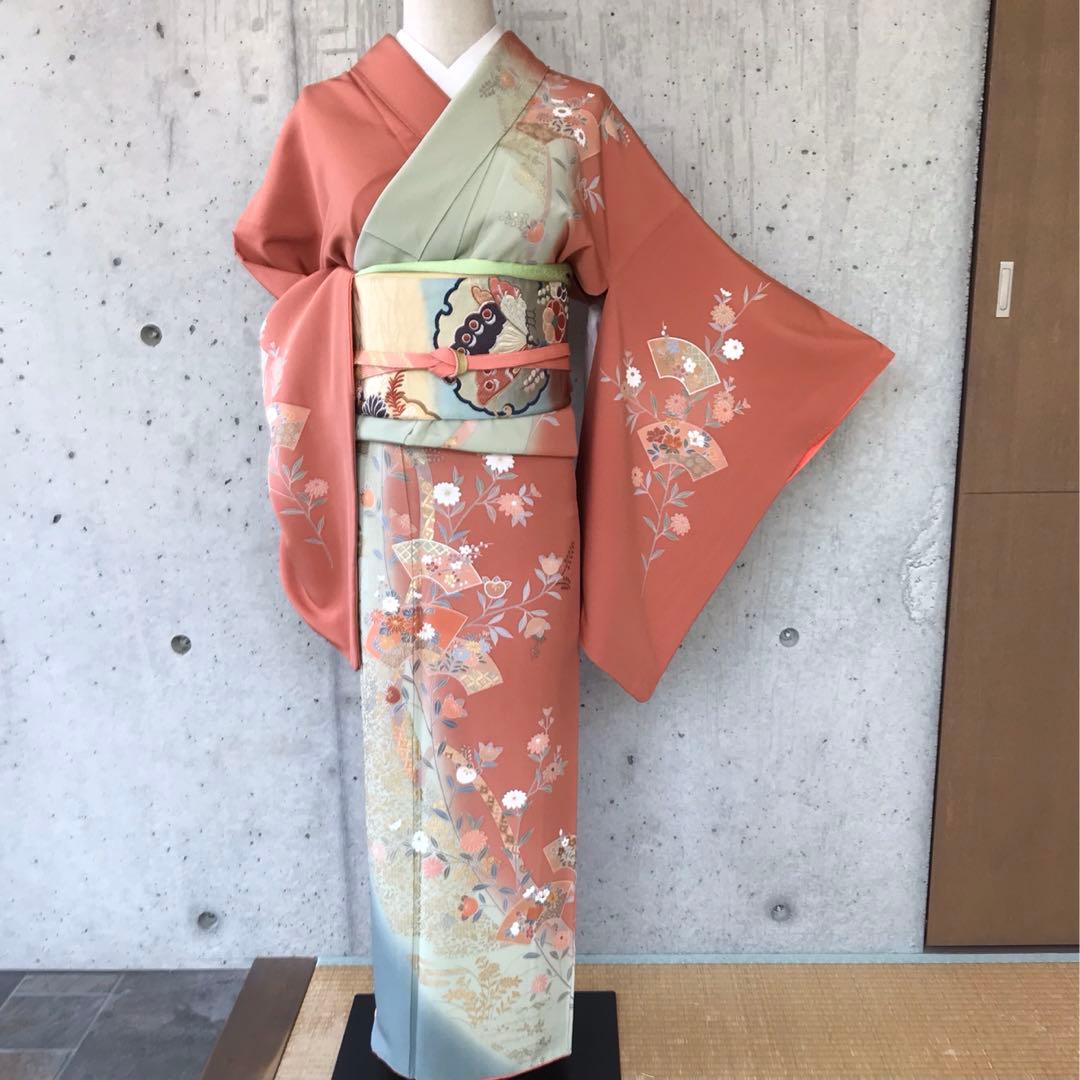 【染め分け】正絹　訪問着　扇に花橘　金箔　袷