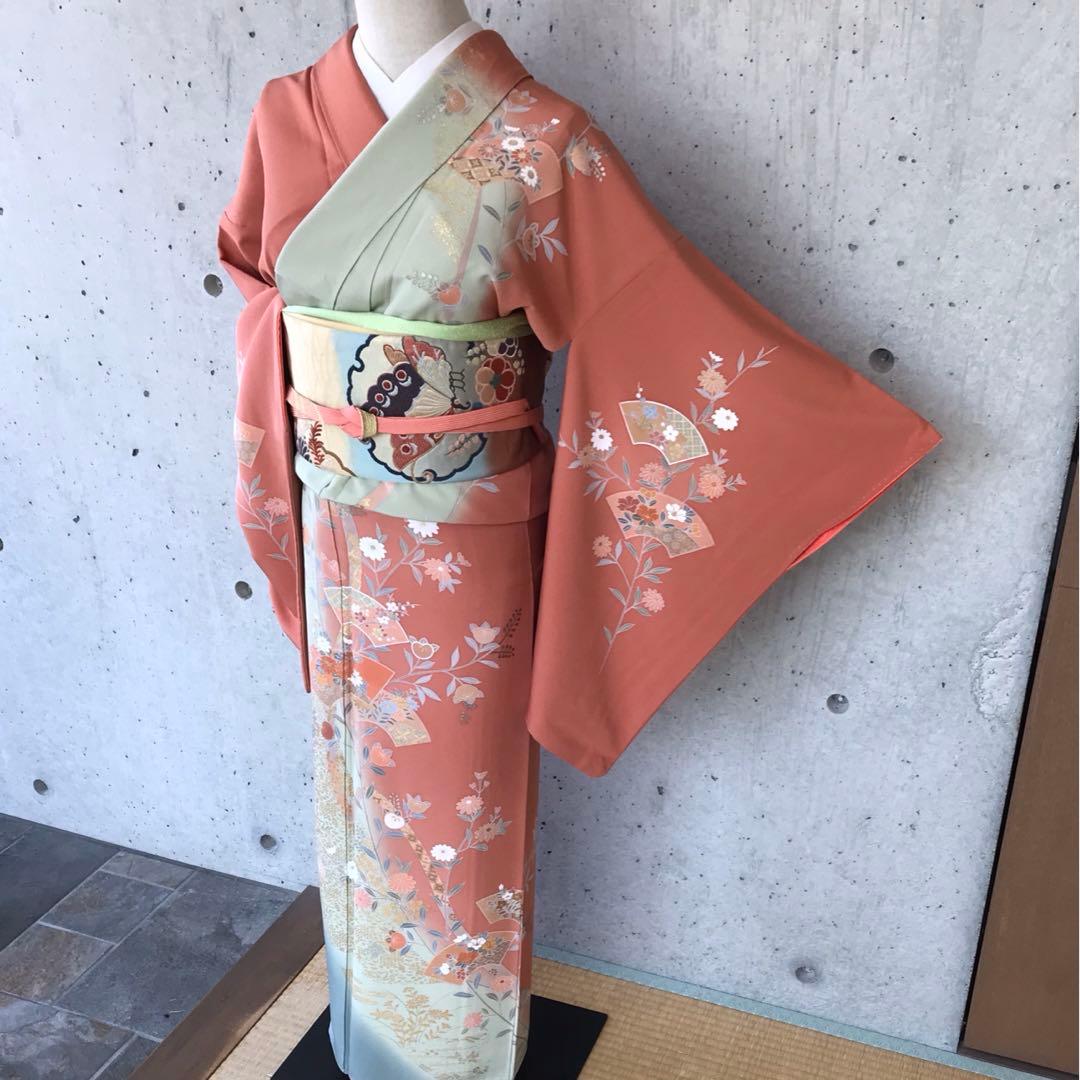 【染め分け】正絹　訪問着　扇に花橘　金箔　袷