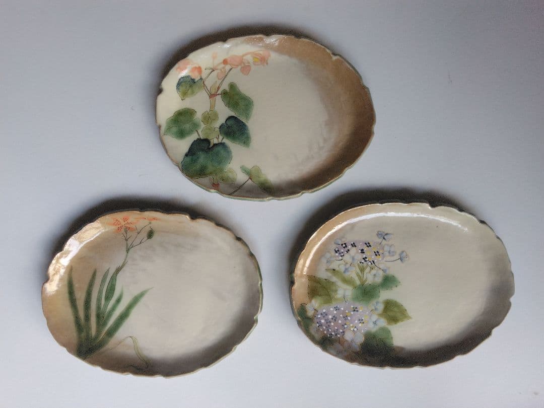 陶あん　京焼　清水焼　皿3枚　ガクアジサイ　ヒオウギ　シュウカイドウ