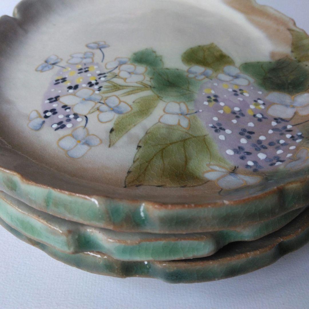 陶あん　京焼　清水焼　皿3枚　ガクアジサイ　ヒオウギ　シュウカイドウ