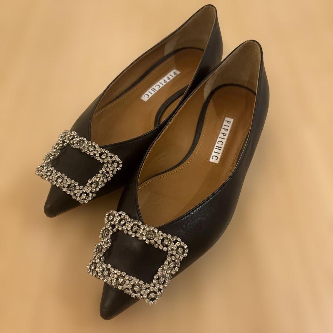 PIPPICHIC ビジュー付き　レザーフラットシューズ