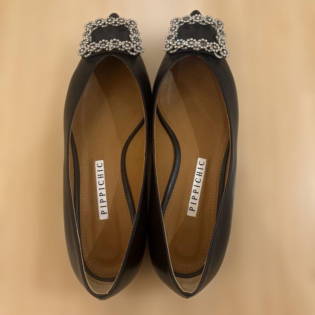 PIPPICHIC ビジュー付き　レザーフラットシューズ
