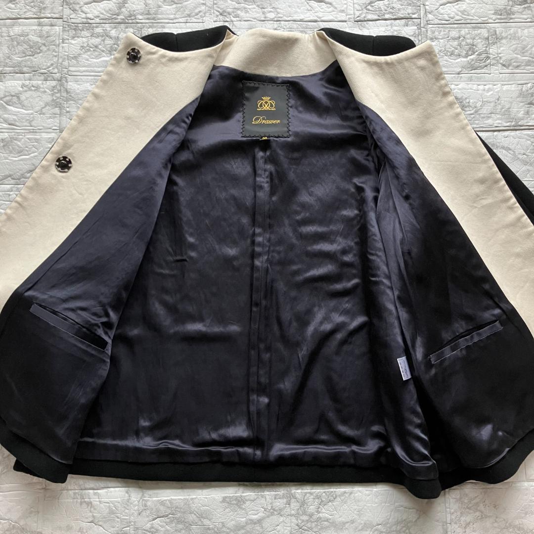 美品◎Drawer ノーカラーショートコート メルトン ウール シルク ブラック